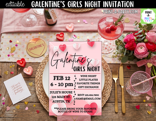 Galentine's Day Invitation Printable – Editable Canva Template