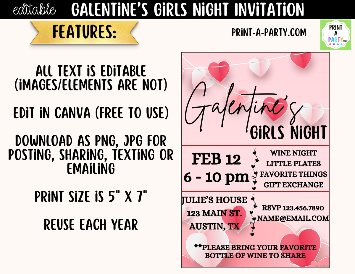 Galentine's Day Invitation Printable – Editable Canva Template