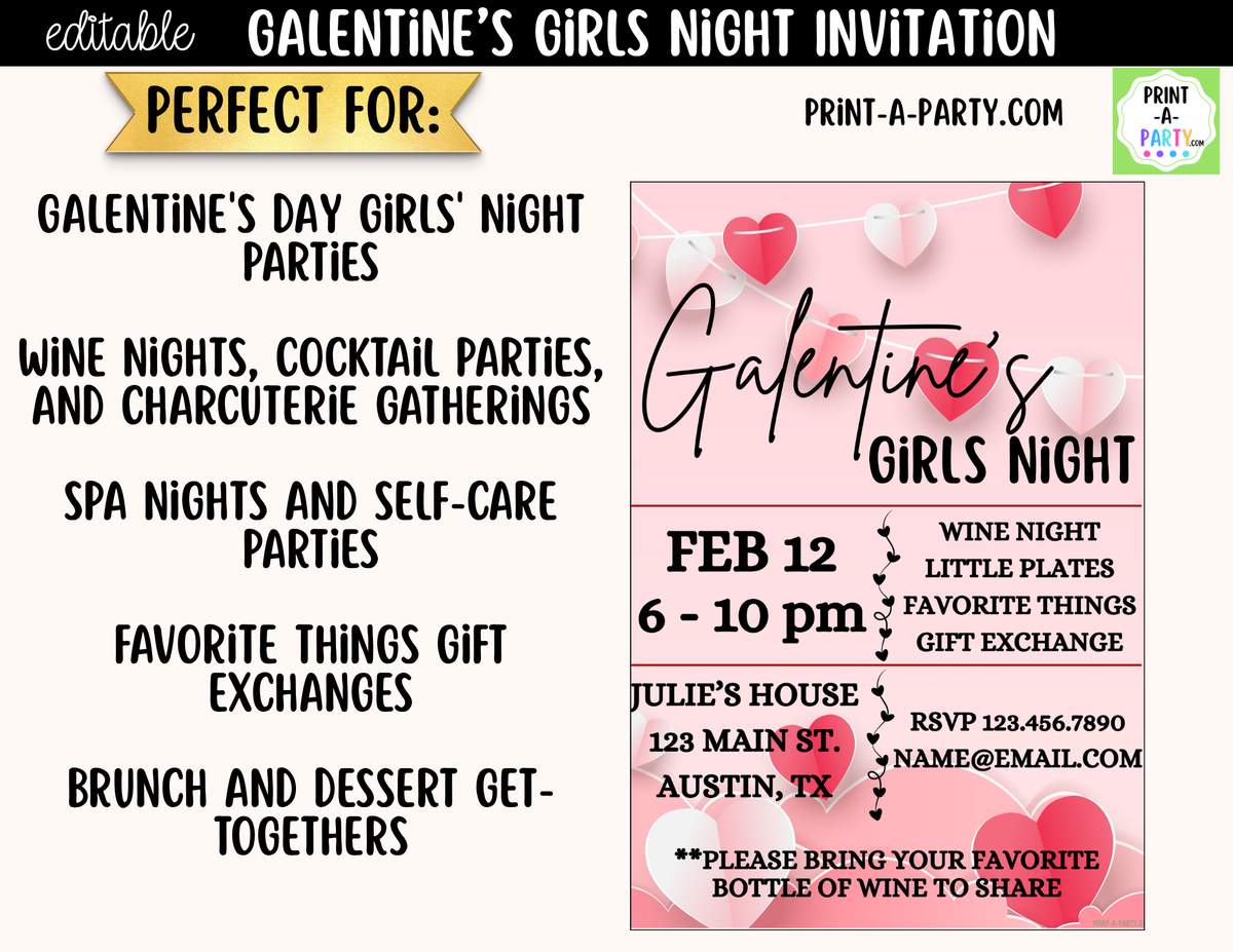 Galentine's Day Invitation Printable – Editable Canva Template
