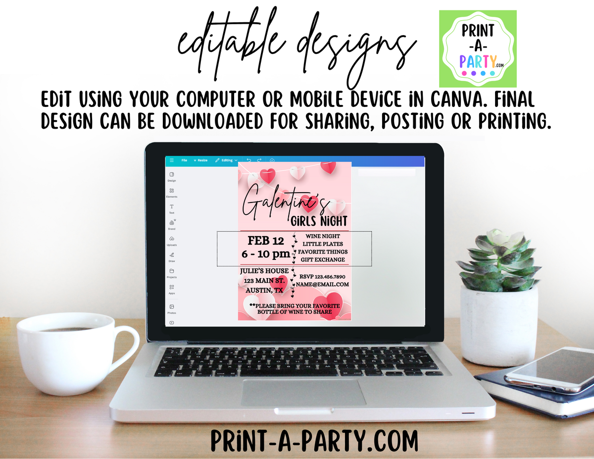 Galentine's Day Invitation Printable – Editable Canva Template