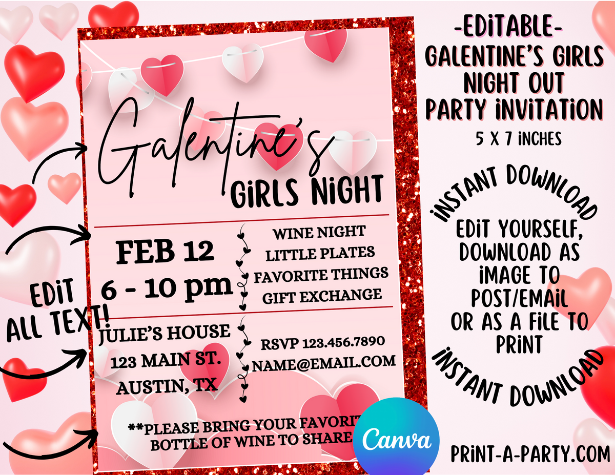 Editable Valentine Galentine's Girls Night Invite | Printable 5x7 Canv ...