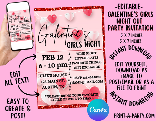 VALENTINE PARTY EDITABLE INVITATION: GALENTINES GIRLS WINE NIGHT INVITATION - EDITABLE PRINTABLE | Valentine's Day Party Invite | Valentine Party Customization | Valentine Wine Night