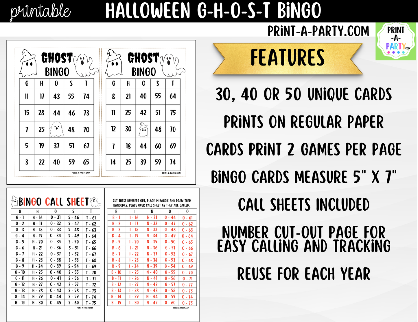 Halloween Bingo Game Printable | Ghost Party Game | Bingo Cards & Call Sheet