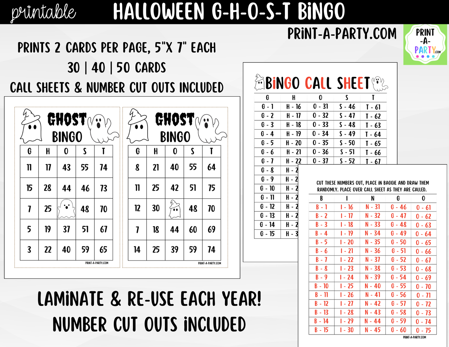 Halloween Bingo Game Printable | Ghost Party Game | Bingo Cards & Call Sheet