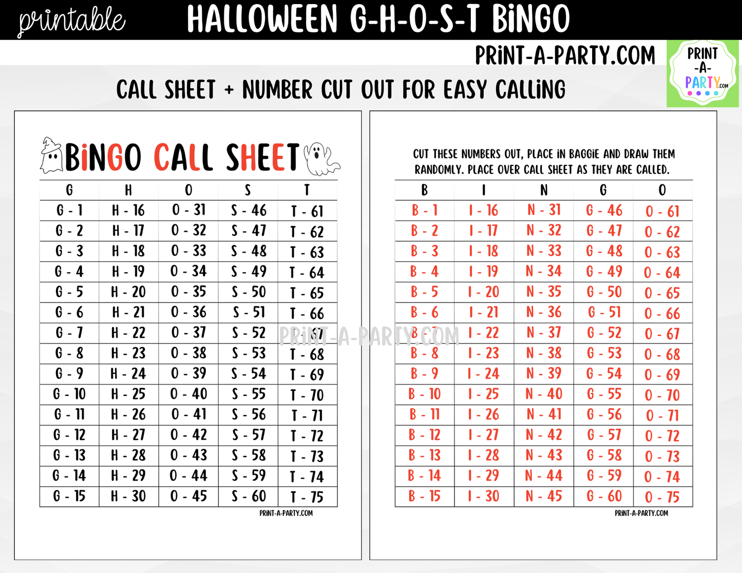 Halloween Bingo Game Printable | Ghost Party Game | Bingo Cards & Call Sheet