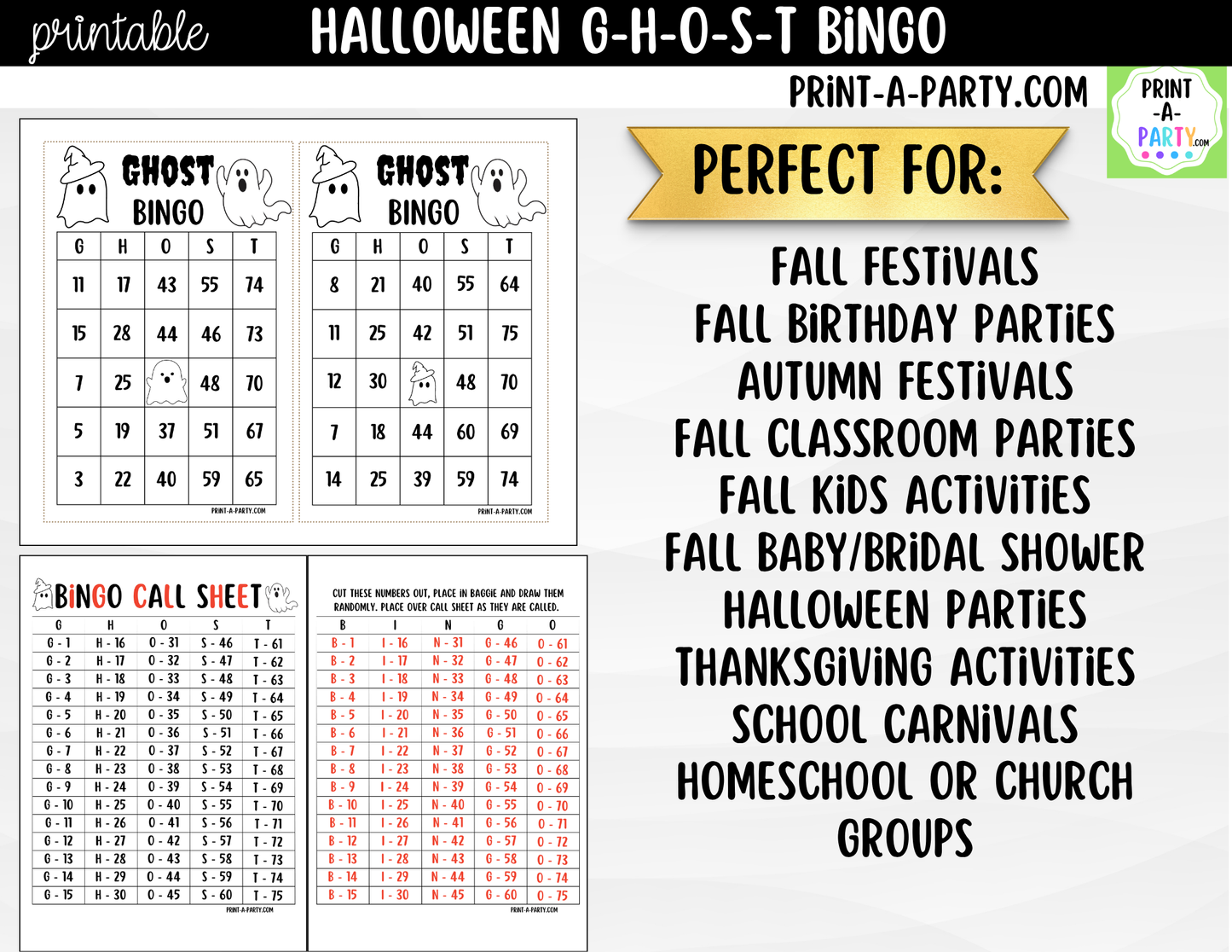 Halloween Bingo Game Printable | Ghost Party Game | Bingo Cards & Call Sheet