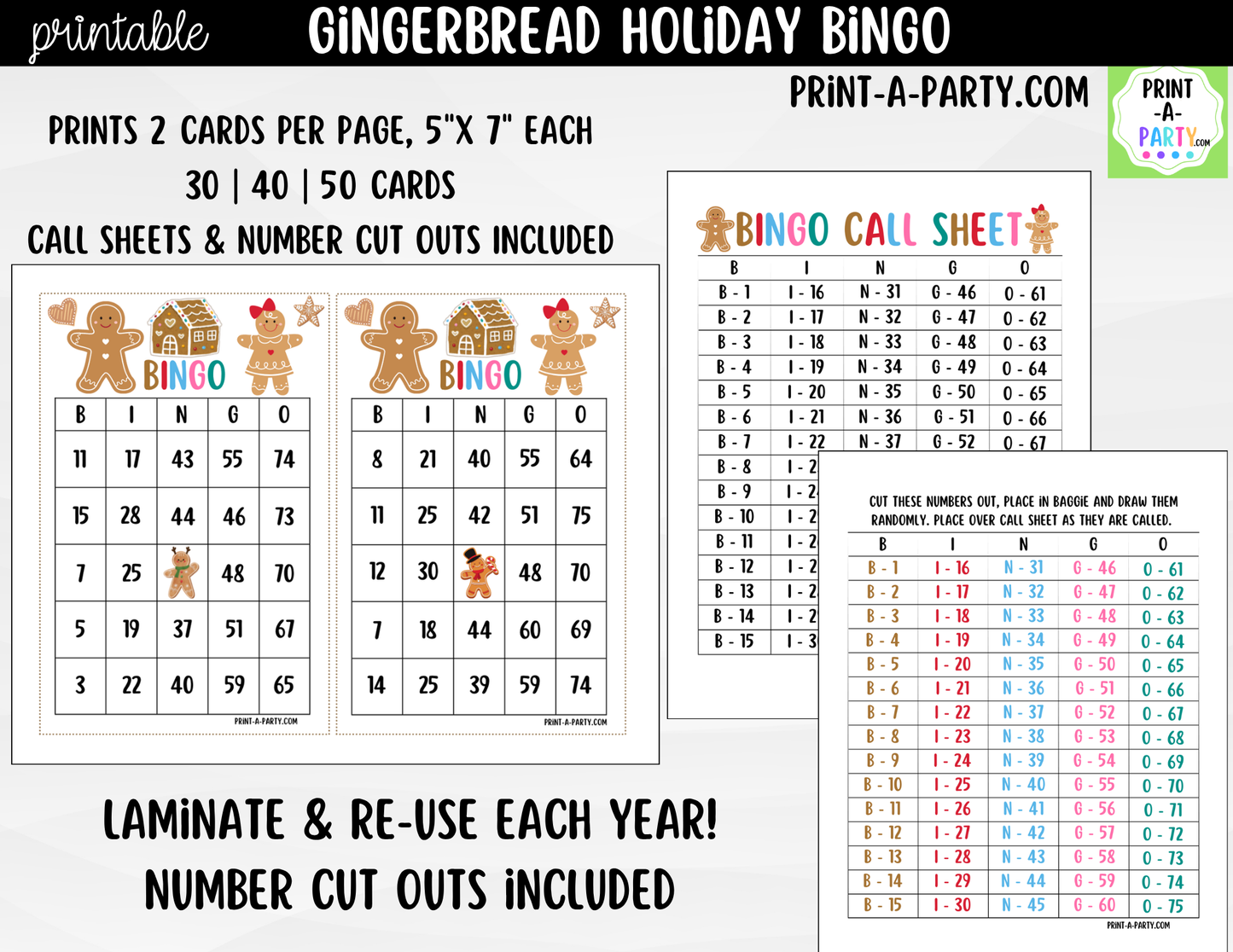Christmas Gingerbread Bingo Game Printable | Christmas Party Game | Bingo Cards & Call Sheets