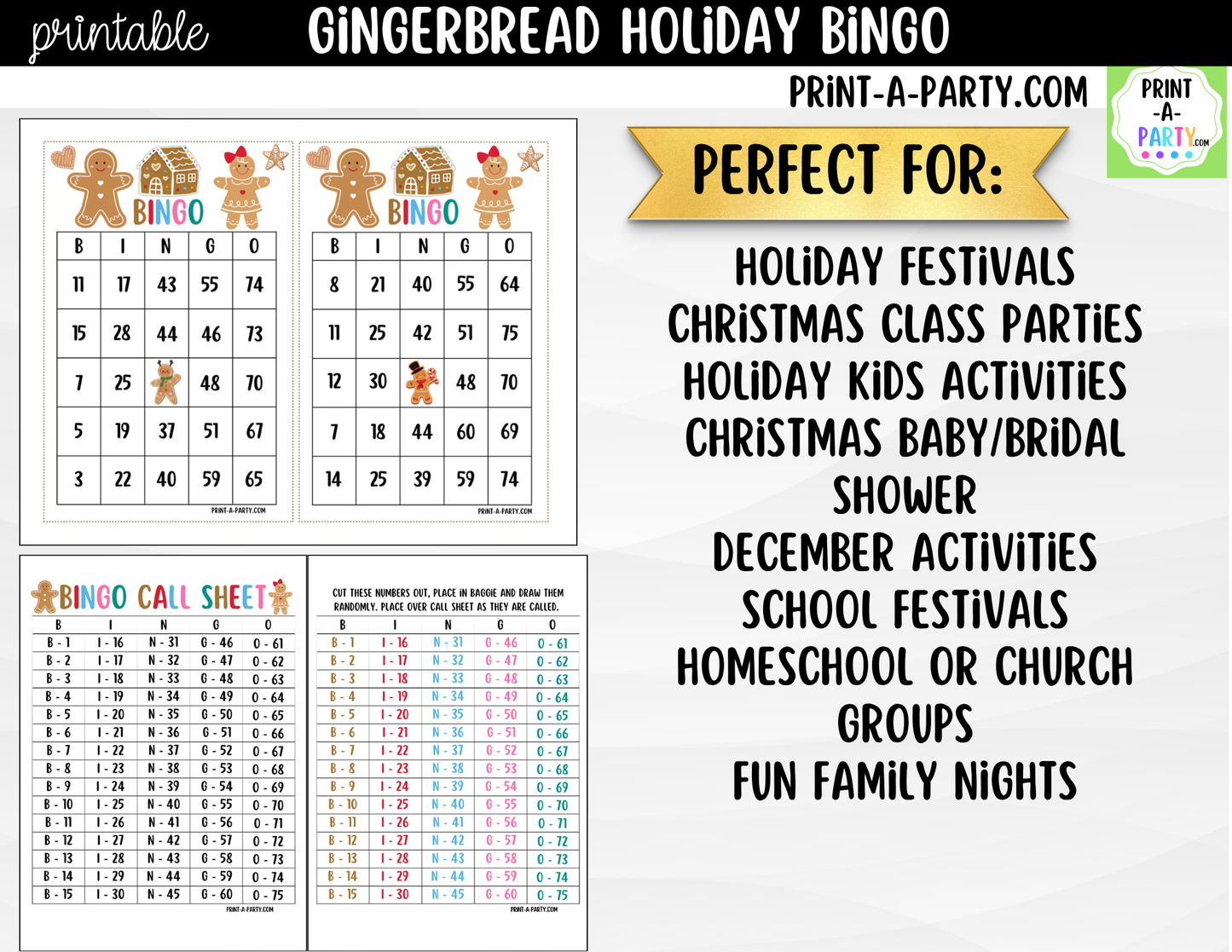 Christmas Gingerbread Bingo Game Printable | Christmas Party Game | Bingo Cards & Call Sheets
