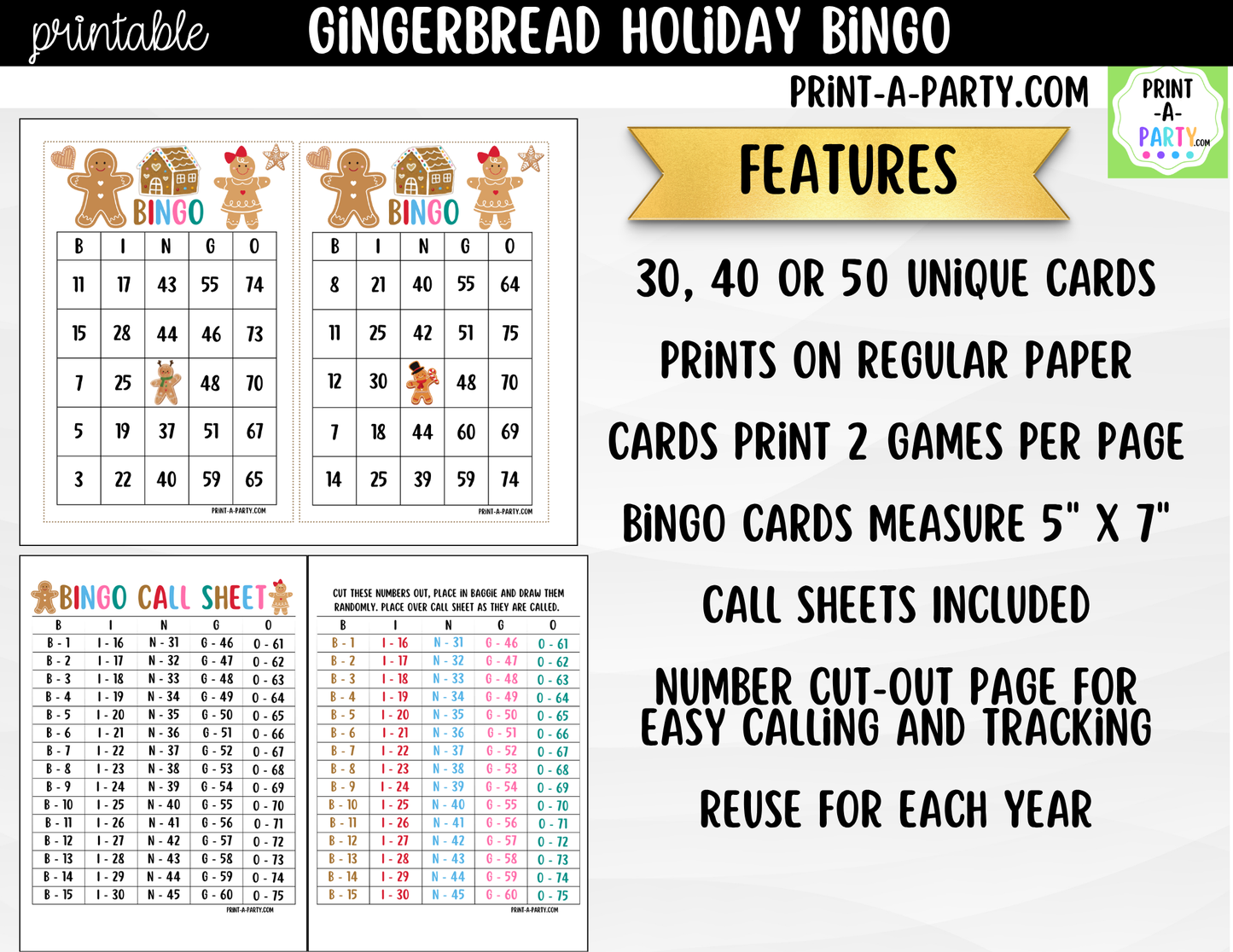 Christmas Gingerbread Bingo Game Printable | Christmas Party Game | Bingo Cards & Call Sheets
