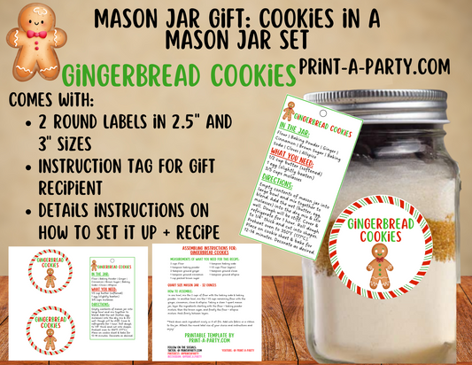 MASON JAR GIFT: Gingerbread Cookies in a mason jar printable kit - perfect holiday gift idea for teacher, neighbors, family or friends