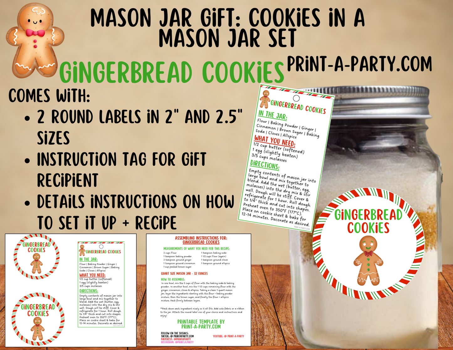 MASON JAR GIFT: Gingerbread Cookies in a mason jar printable kit - perfect holiday gift idea for teacher, neighbors, family or friends