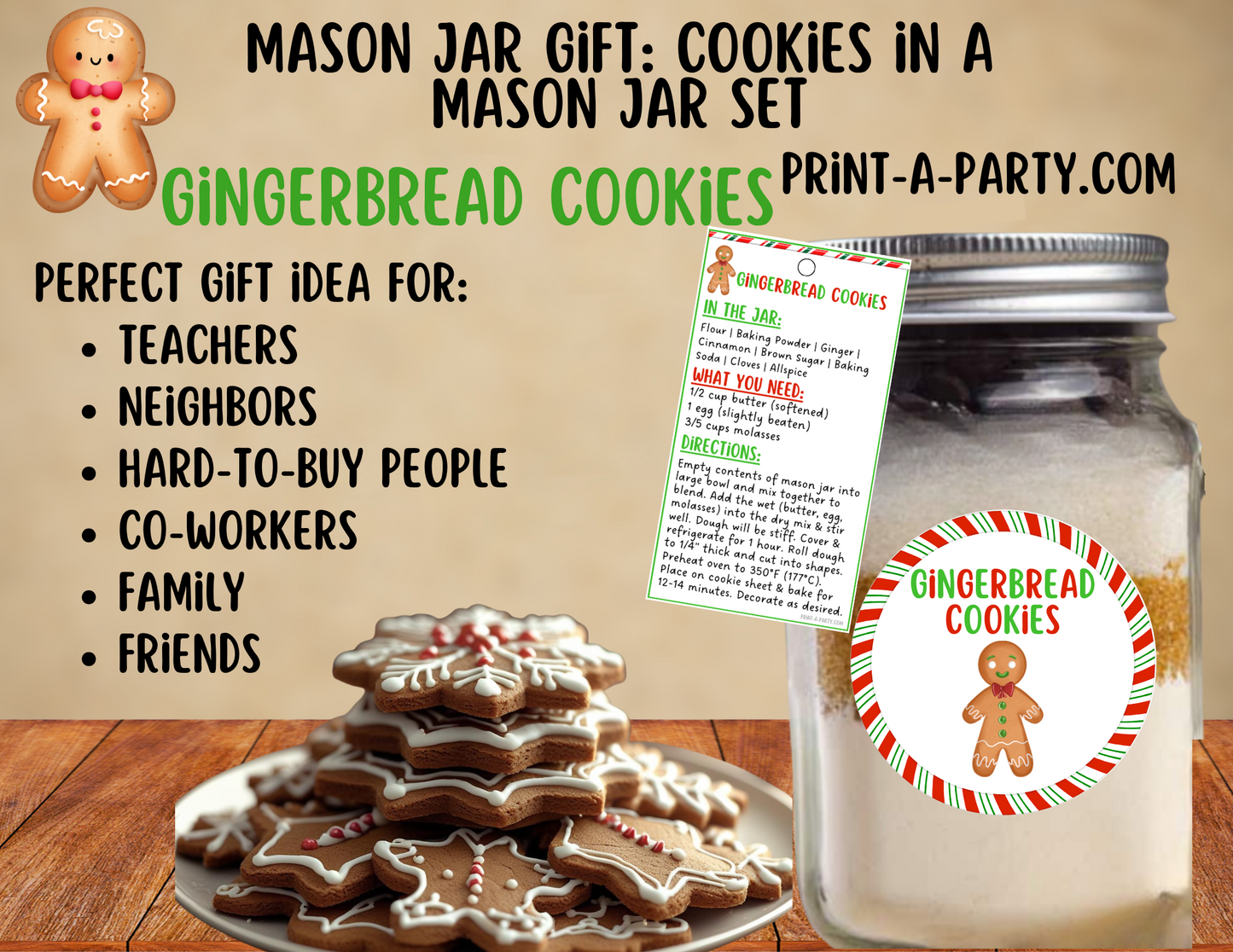 MASON JAR GIFT: Gingerbread Cookies in a mason jar printable kit - perfect holiday gift idea for teacher, neighbors, family or friends