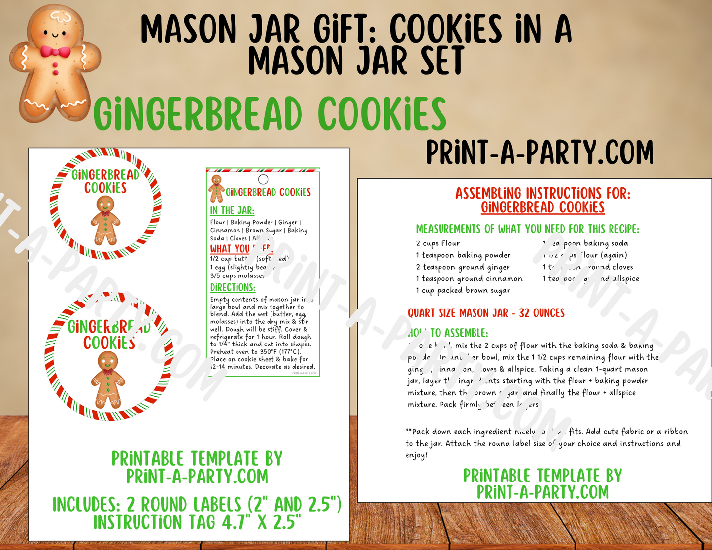 MASON JAR GIFT: Gingerbread Cookies in a mason jar printable kit - perfect holiday gift idea for teacher, neighbors, family or friends
