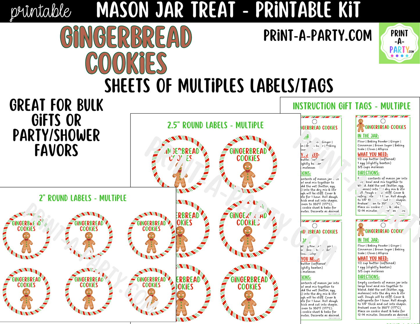 Gingerbread Cookies in a Mason Jar Gift Printable Kit - Labels, Tag, Recipe & Instructions