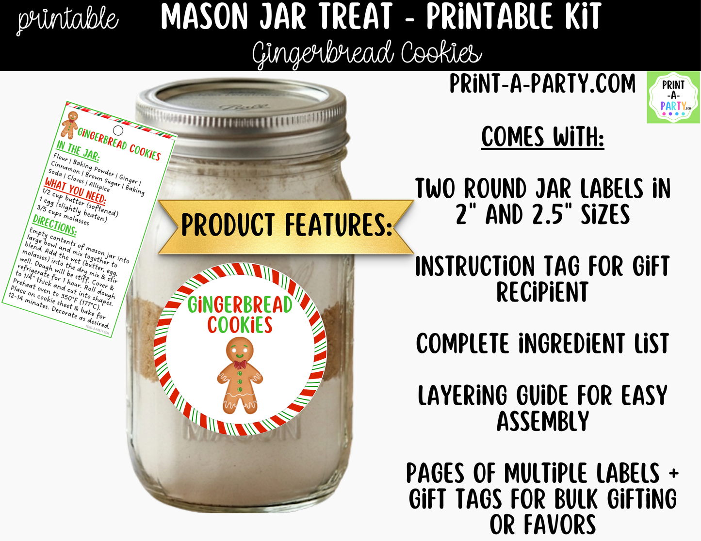 Gingerbread Cookies in a Mason Jar Gift Printable Kit - Labels, Tag, Recipe & Instructions