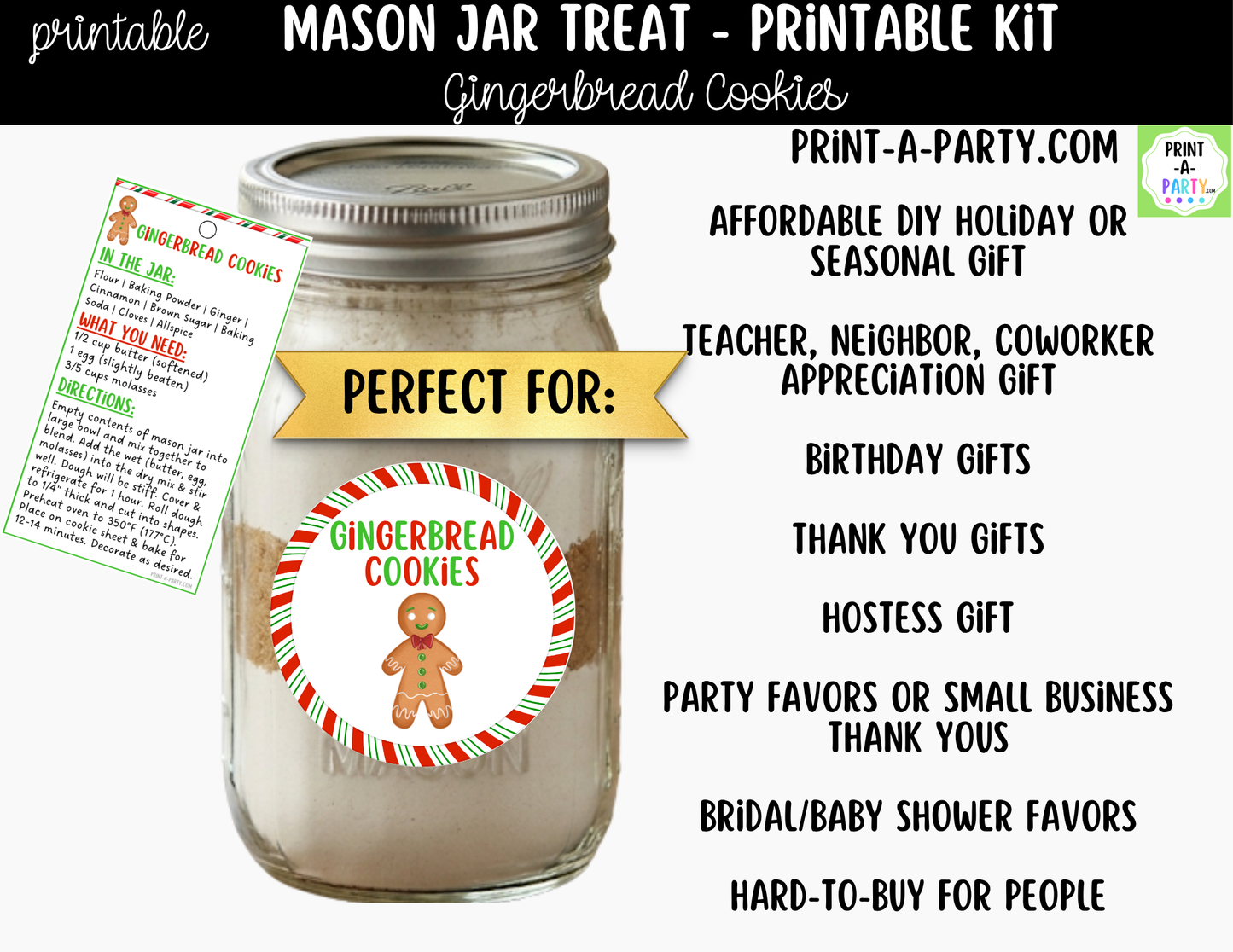 Gingerbread Cookies in a Mason Jar Gift Printable Kit - Labels, Tag, Recipe & Instructions