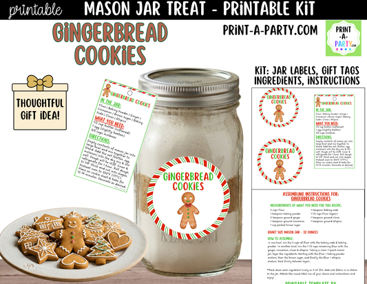 Gingerbread Cookies in a Mason Jar Gift Printable Kit - Labels, Tag, Recipe & Instructions