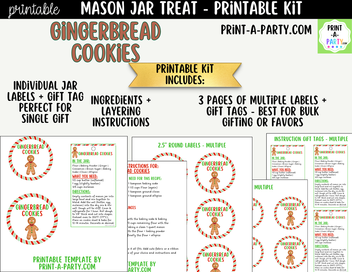 Gingerbread Cookies in a Mason Jar Gift Printable Kit - Labels, Tag, Recipe & Instructions