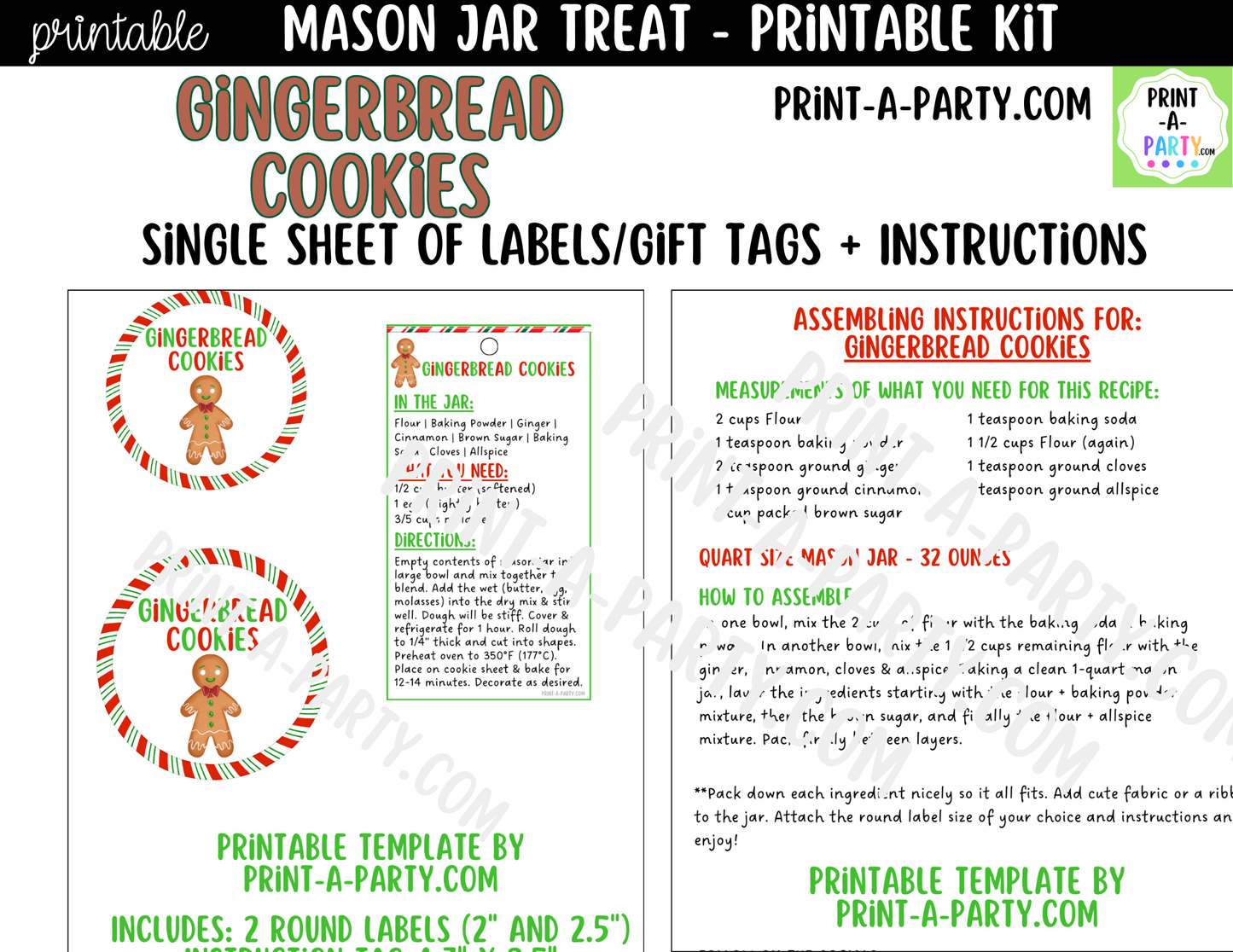 Gingerbread Cookies in a Mason Jar Gift Printable Kit - Labels, Tag, Recipe & Instructions