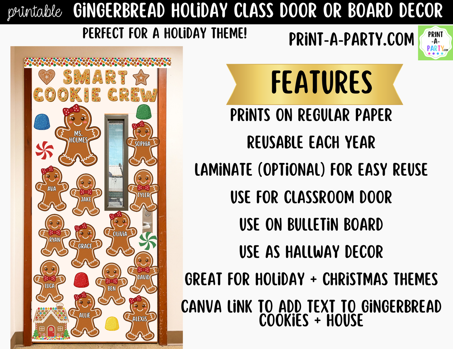 Gingerbread Printable Holiday Classroom Decor Kit for Doors, Boards, Hallways - Smart Cookie Crew