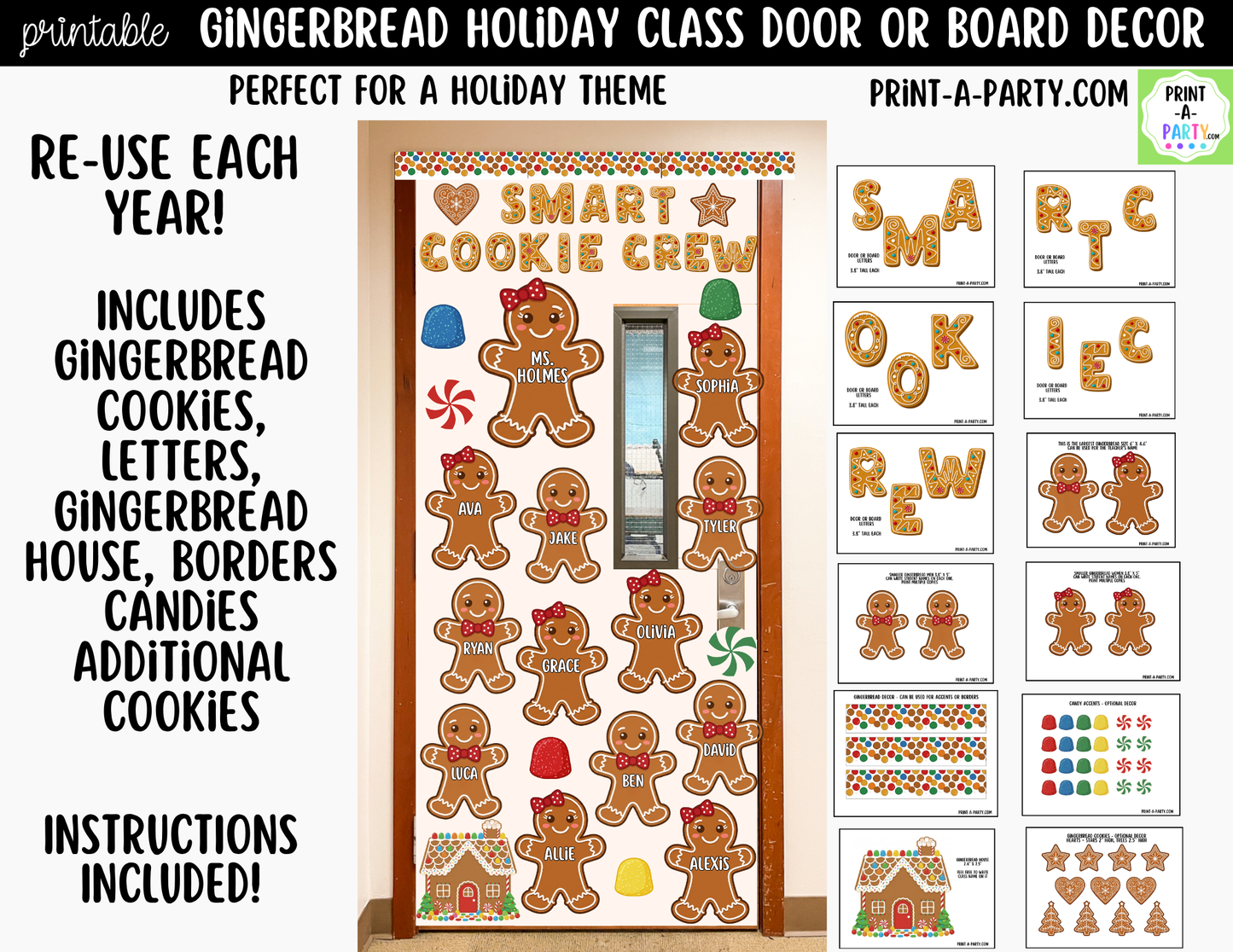 Gingerbread Printable Holiday Classroom Decor Kit for Doors, Boards, Hallways - Smart Cookie Crew