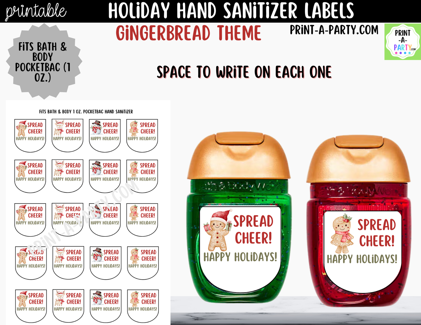 Gingerbread Christmas Hand Sanitizer Labels Printable - Holiday Labels for 1 oz PocketBac Bottles