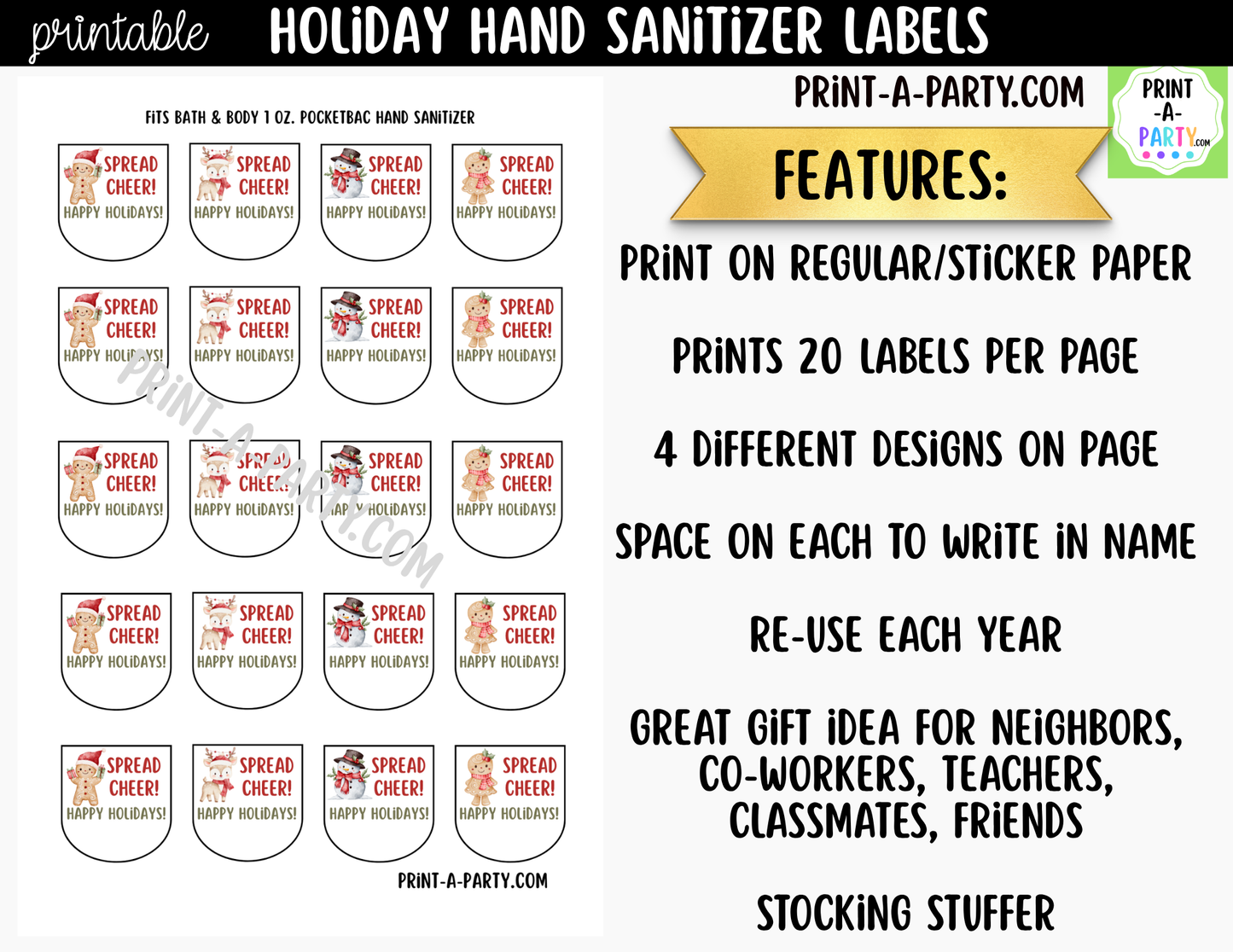 Gingerbread Christmas Hand Sanitizer Labels Printable - Holiday Labels for 1 oz PocketBac Bottles