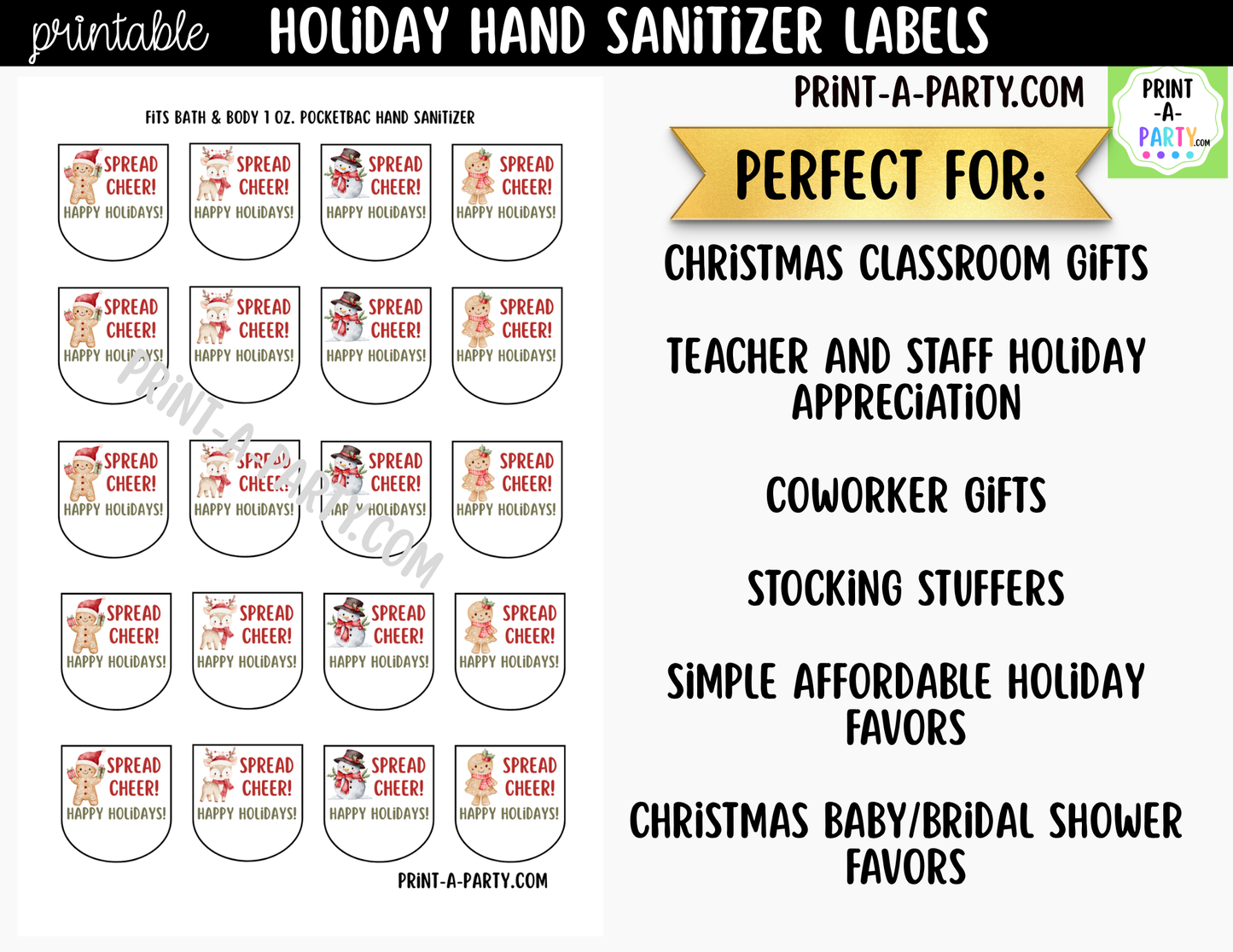 Gingerbread Christmas Hand Sanitizer Labels Printable - Holiday Labels for 1 oz PocketBac Bottles