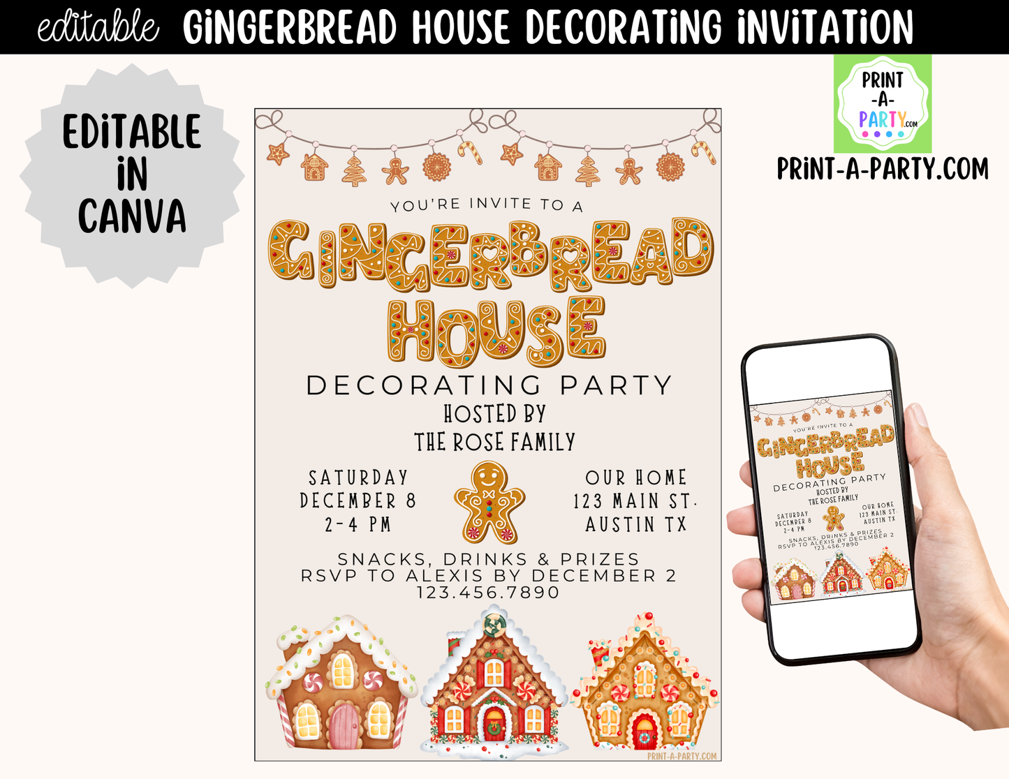Gingerbread House Decorating Party Invitation | Editable Canva Christmas Holiday Invite