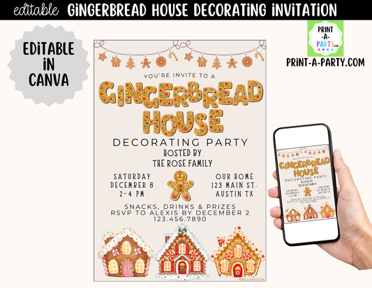 Gingerbread House Decorating Party Invitation | Editable Canva Christmas Holiday Invite