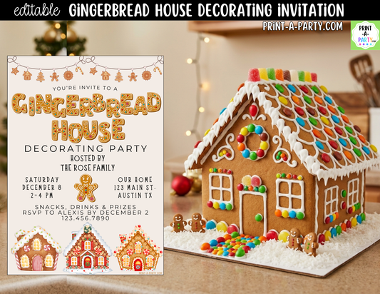 Gingerbread House Decorating Party Invitation | Editable Canva Christmas Holiday Invite
