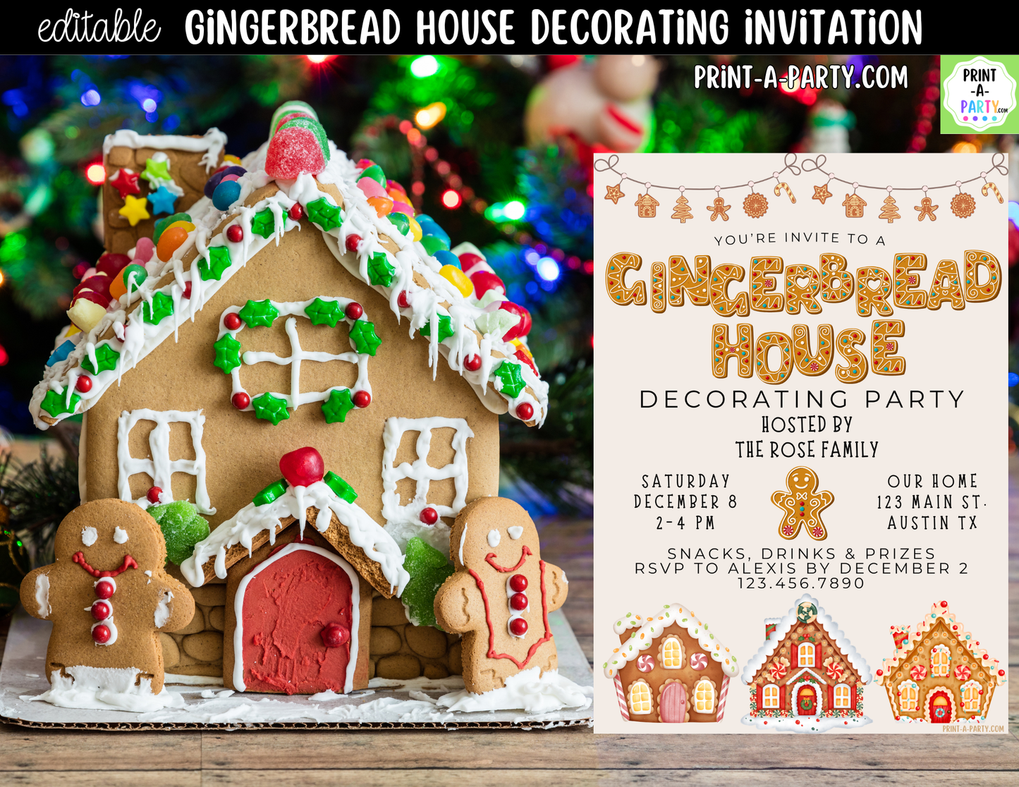 Gingerbread House Decorating Party Invitation | Editable Canva Christmas Holiday Invite
