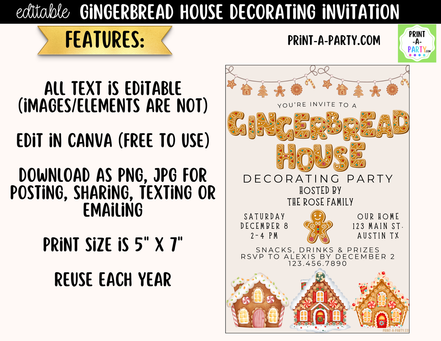 Gingerbread House Decorating Party Invitation | Editable Canva Christmas Holiday Invite
