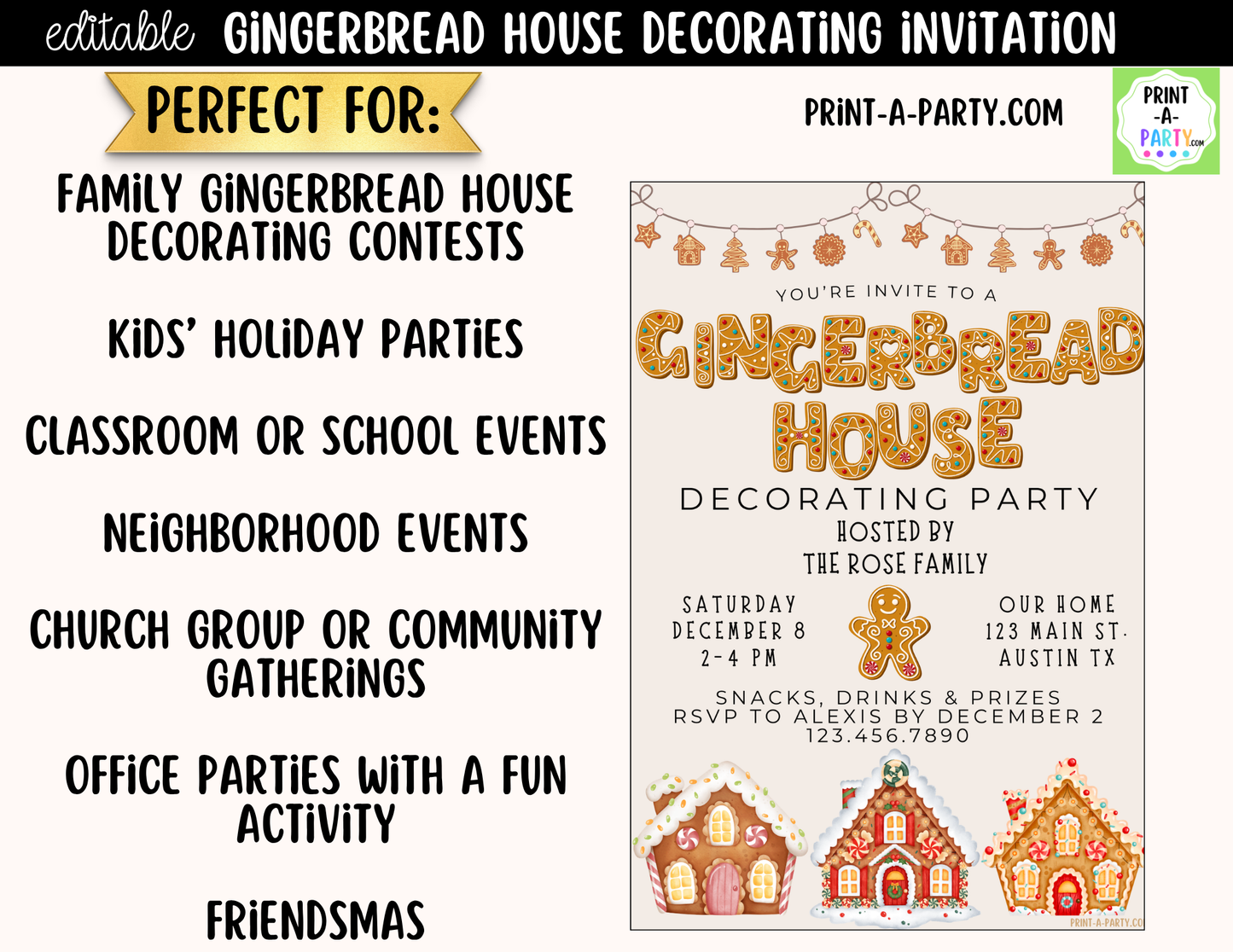 Gingerbread House Decorating Party Invitation | Editable Canva Christmas Holiday Invite