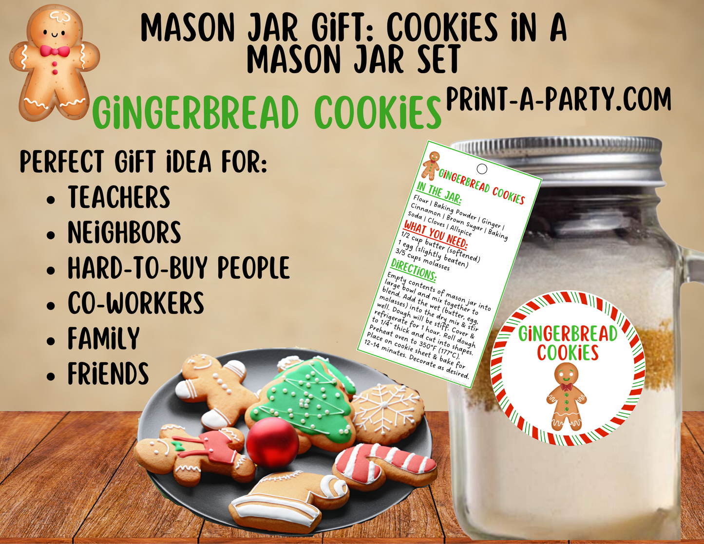 MASON JAR COOKIE GIFT: Gingerbread Cookies in a mason jar | Cookies in a jar gift | Mason Jar Gift Kit | Holiday Mason Jar Gift