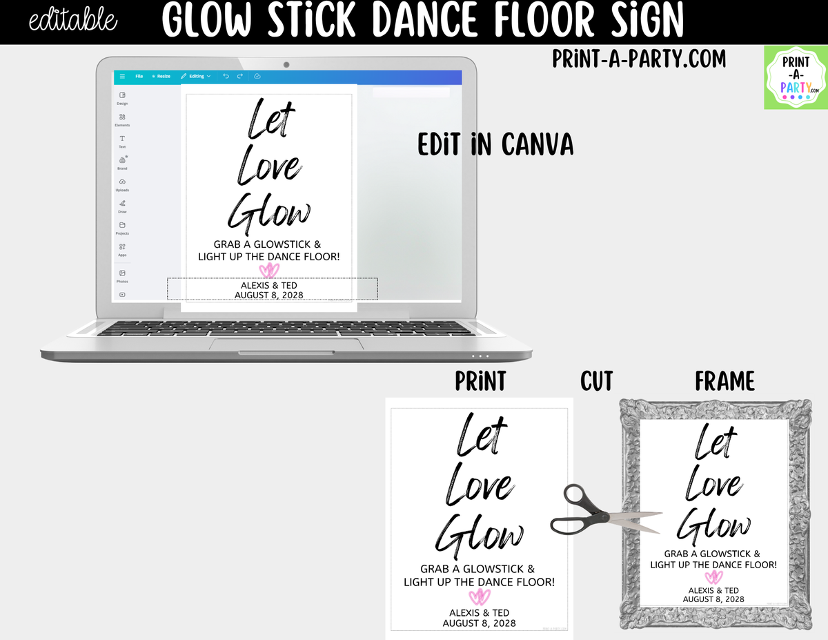 Editable Glow Stick Sign – Let Love Glow | 8x10 Canva Template