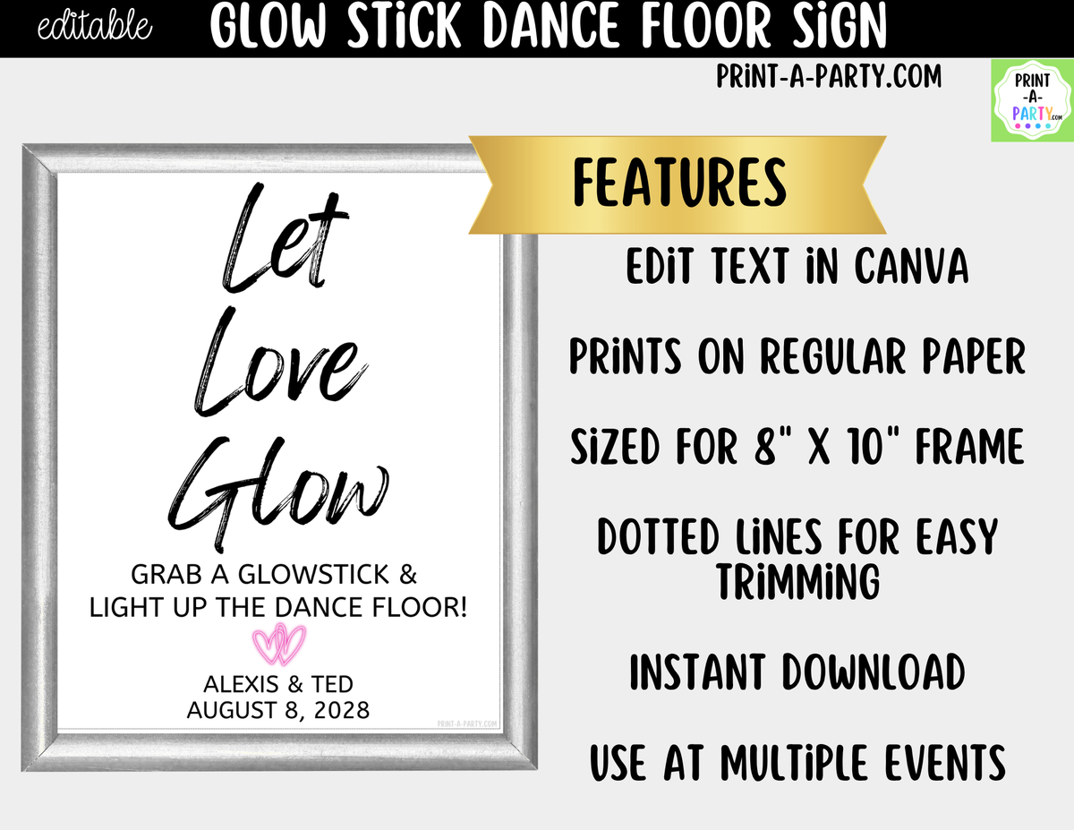 Editable Glow Stick Sign – Let Love Glow | 8x10 Canva Template