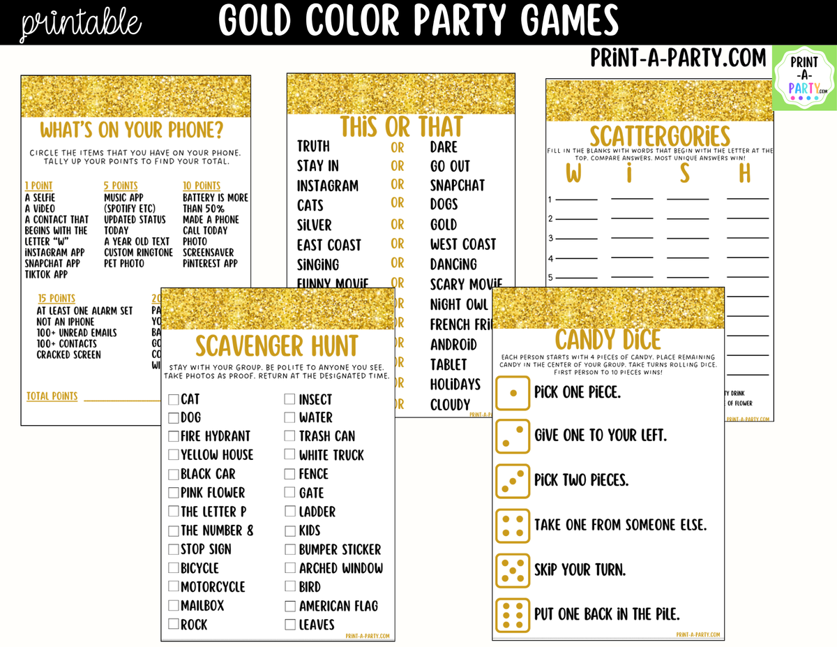 Gold Color Party Games Printable | Gold/Yellow Party Games
