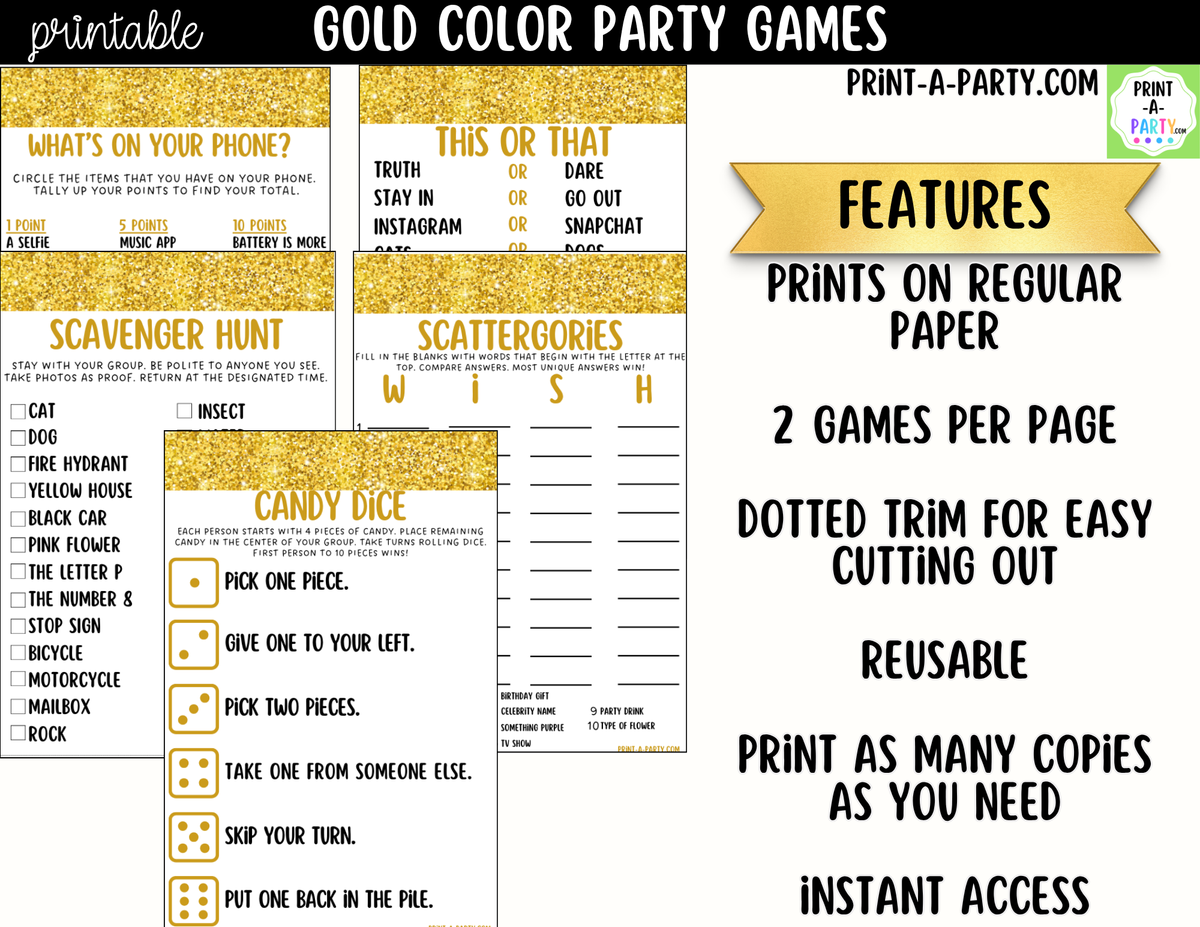 Gold Color Party Games Printable | Gold/Yellow Party Games