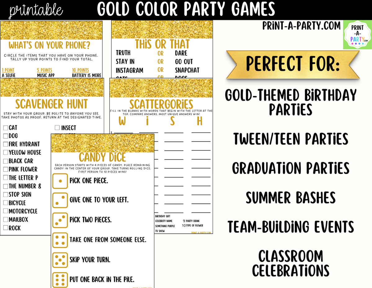 Gold Color Party Games Printable | Gold/Yellow Party Games