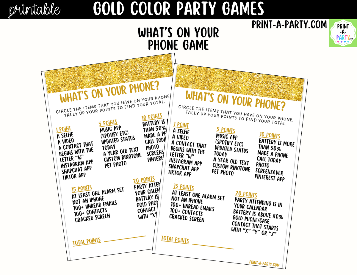 Gold Color Party Games Printable | Gold/Yellow Party Games