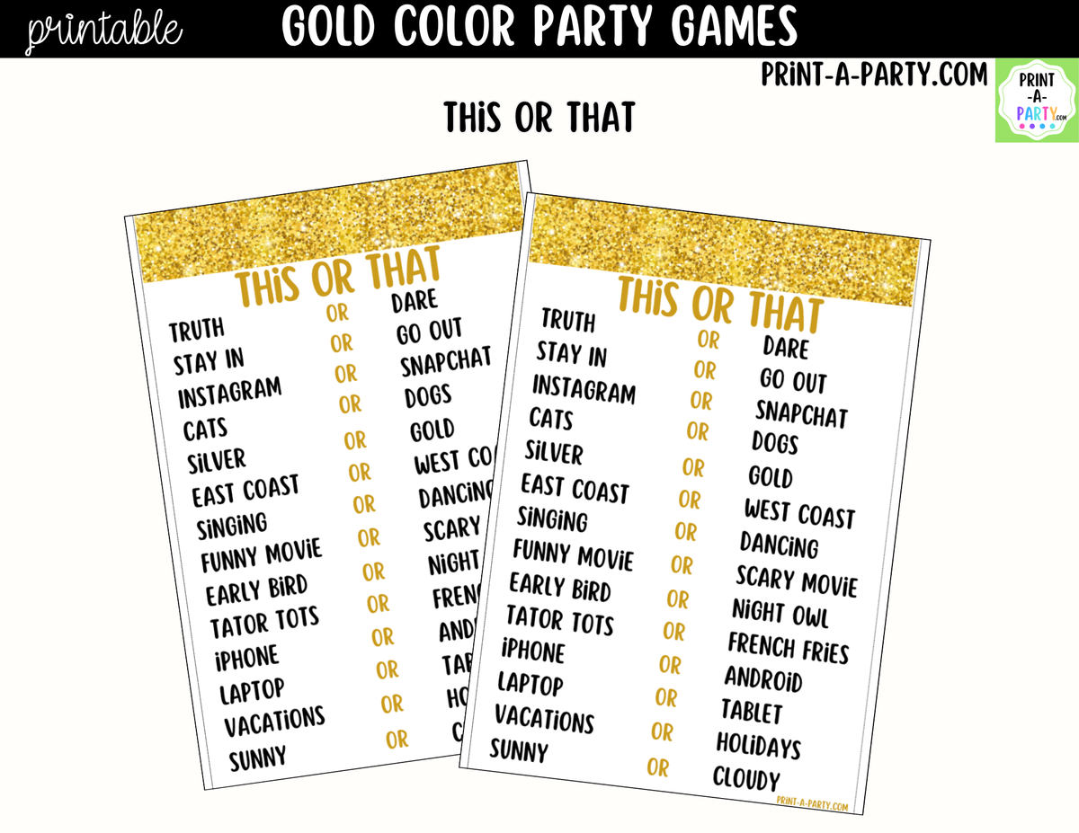 Gold Color Party Games Printable | Gold/Yellow Party Games