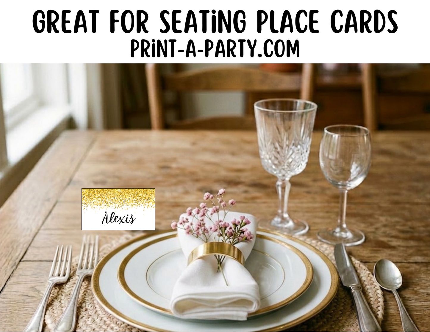 Editable Gold Glitter Buffet Labels and Place Cards for Parties, Showers and Events