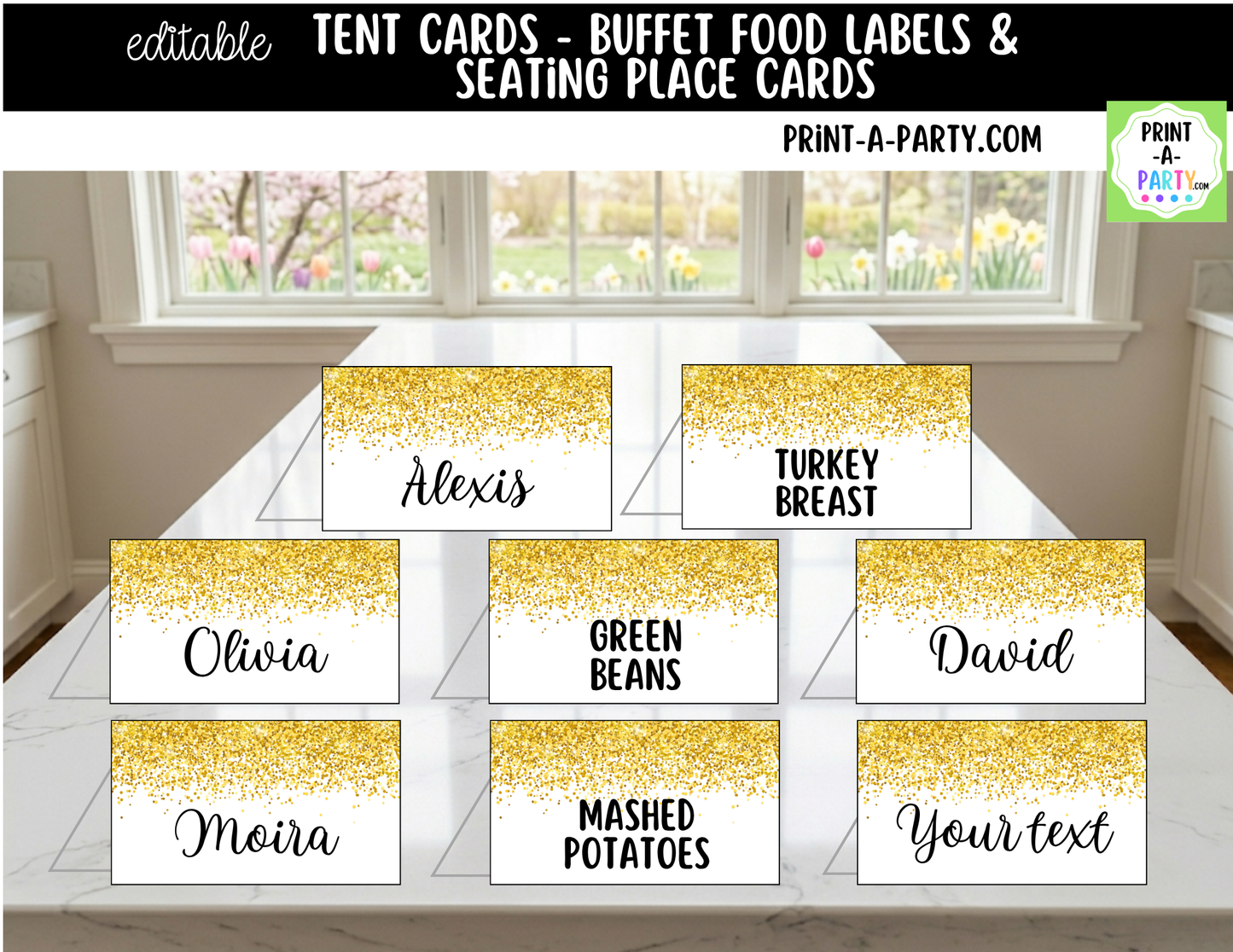 Editable Gold Glitter Buffet Labels and Place Cards for Parties, Showers and Events