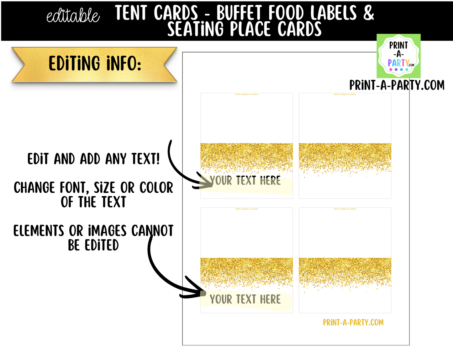 Editable Gold Glitter Buffet Labels and Place Cards for Parties, Showers and Events