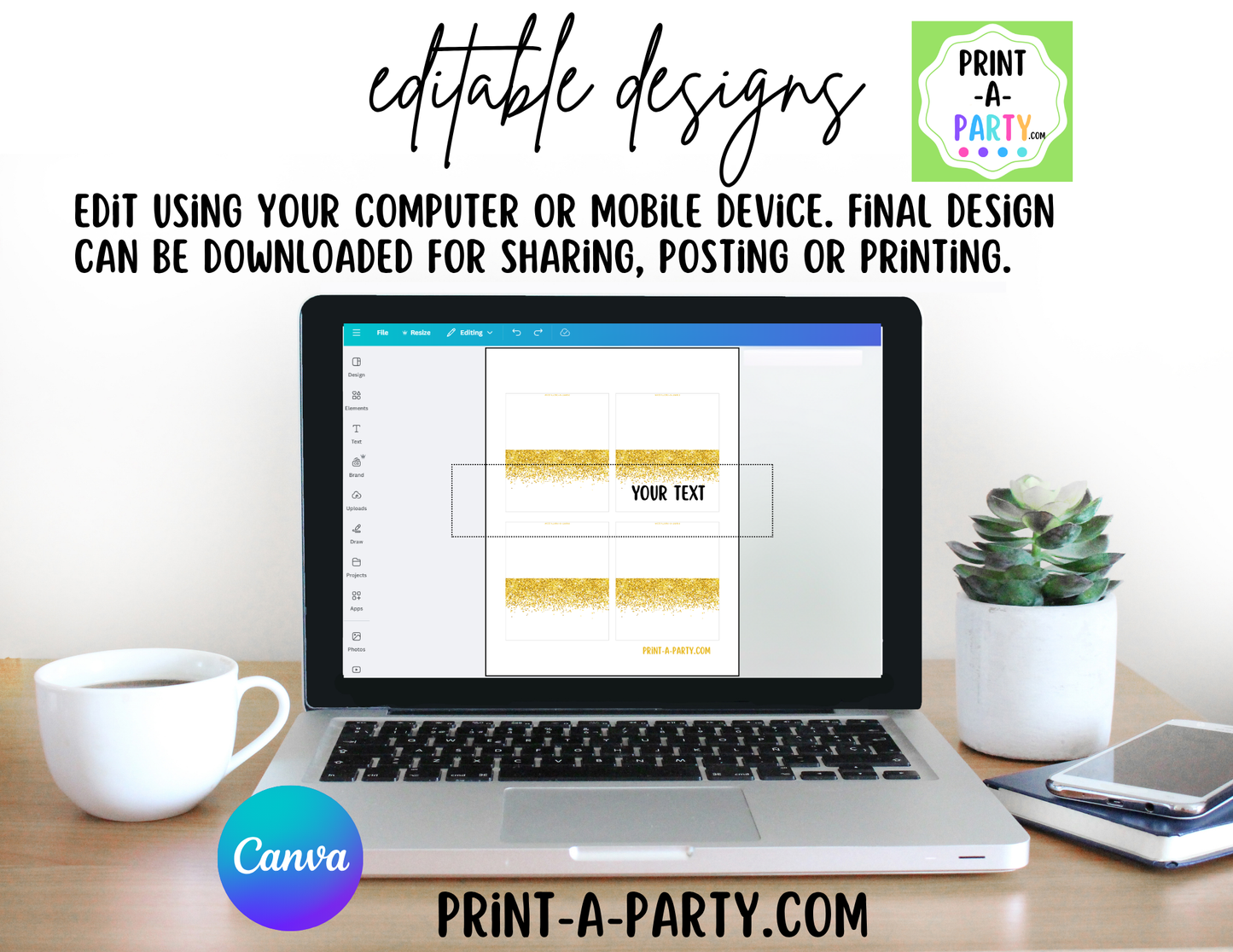 Editable Gold Glitter Buffet Labels and Place Cards for Parties, Showers and Events