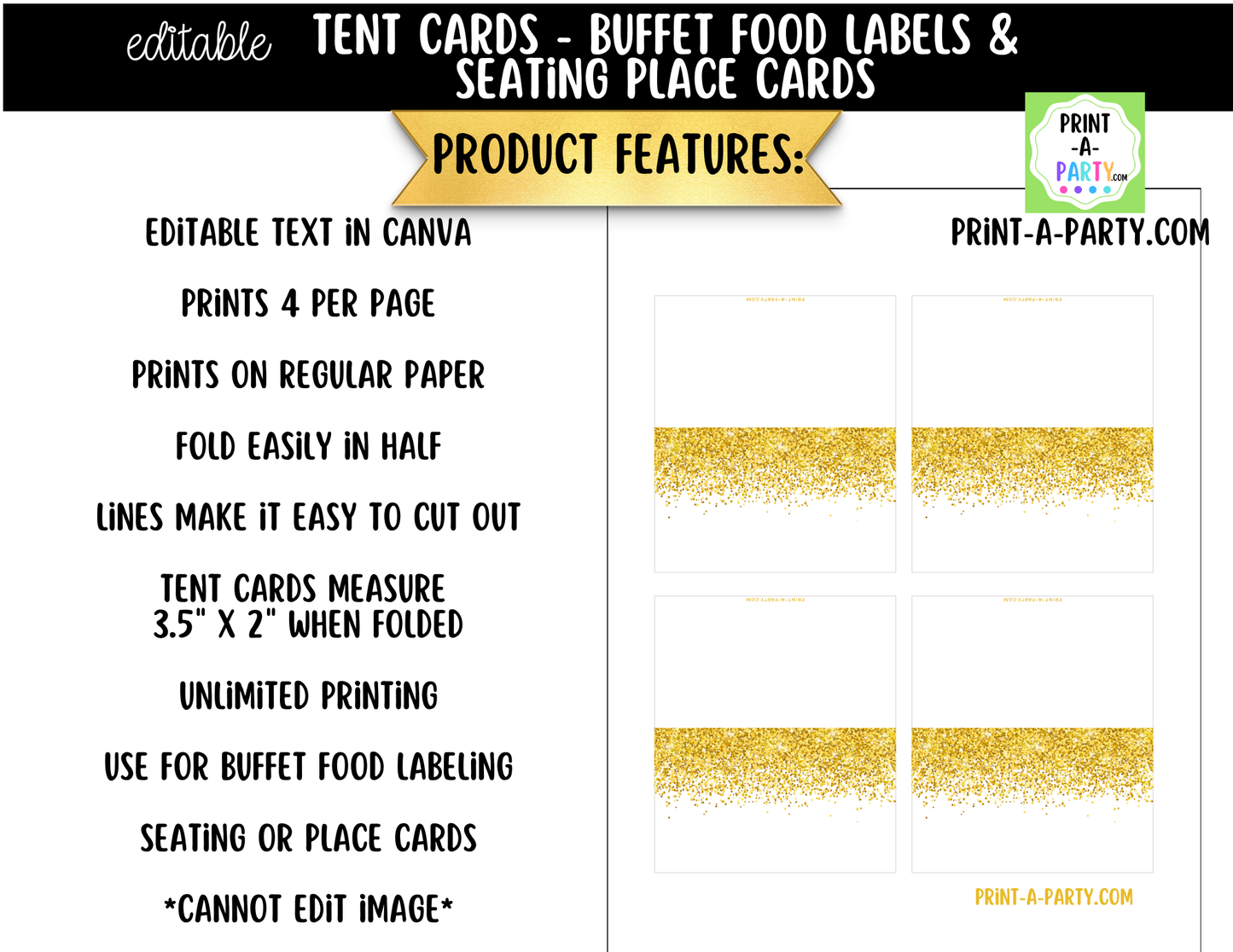 Editable Gold Glitter Buffet Labels and Place Cards for Parties, Showers and Events