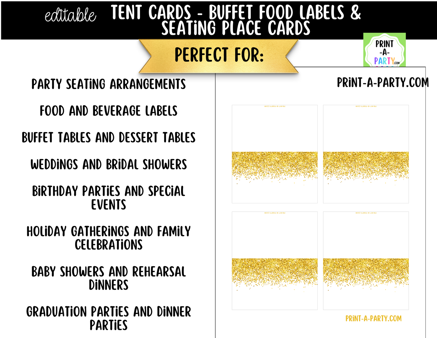 Editable Gold Glitter Buffet Labels and Place Cards for Parties, Showers and Events