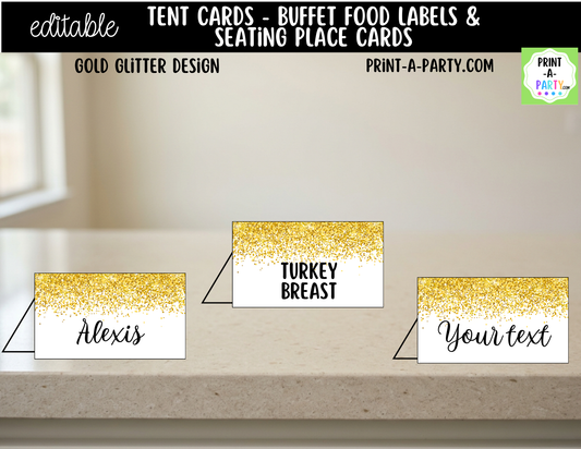 Editable Gold Glitter Buffet Labels and Place Cards for Parties, Showers and Events