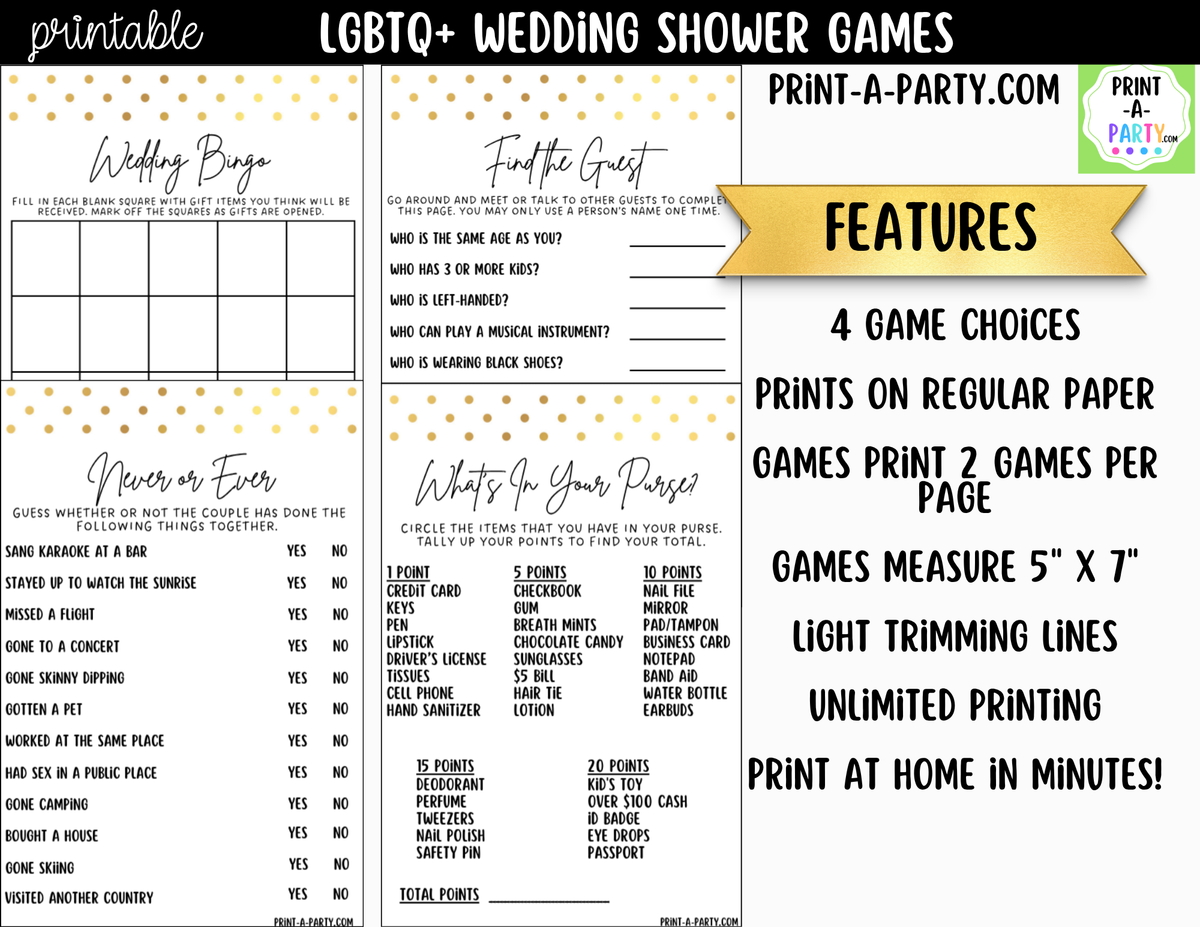LGBTQ+ Wedding Shower Games Printable | Gold Polka Dots